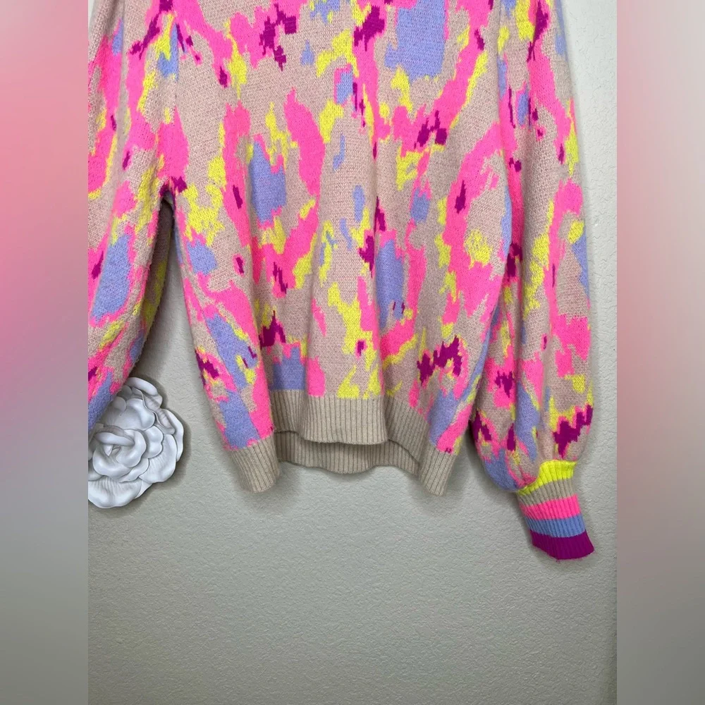 NTM Jodifl Abstract Print Sweater Neon Pink Taupe Balloon Sleeve Pullover Size L - Picture 5 of 16